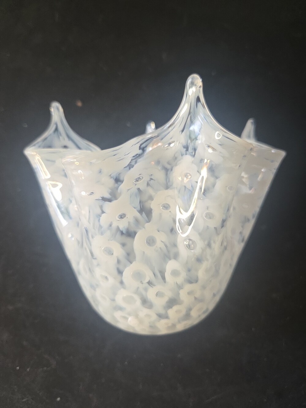 Vintage La Murrina Murano Glass Ruffled Bowl Signed Stamped White Murrine Italy